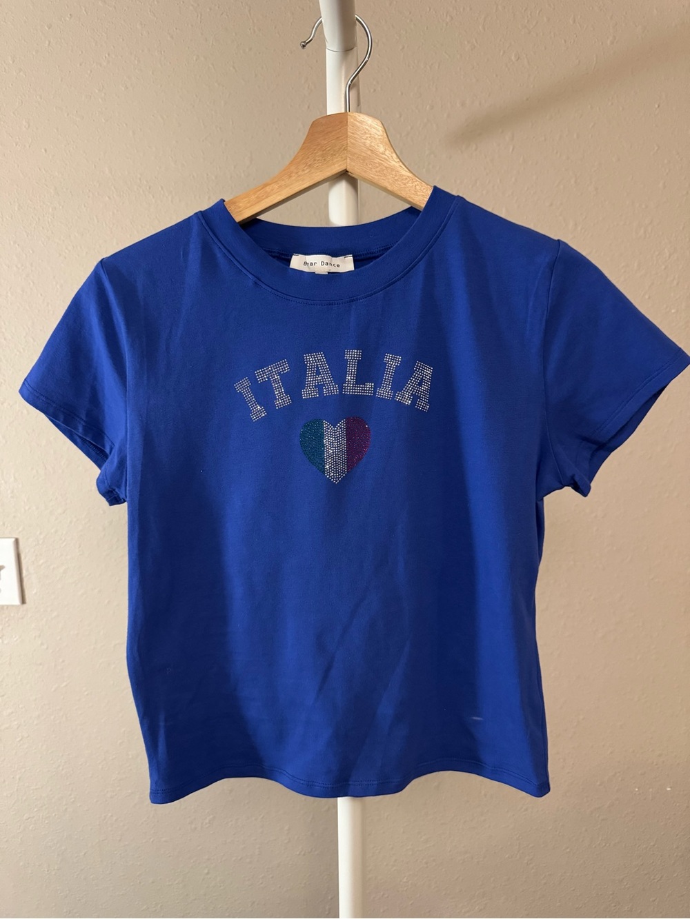 Bear Dance, Blue 'Italia' Rhinestone Heart Tee, L NWOT
